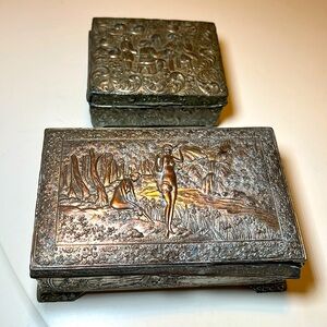 Antique Vantine’s art nouveau nude ladies box & VTG colonial men silver box